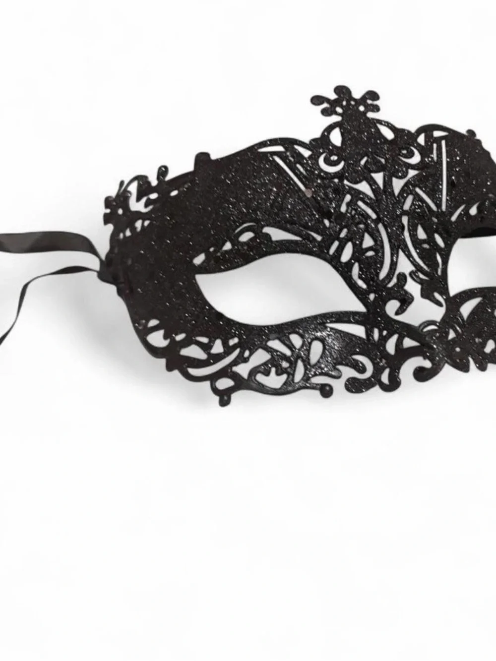 Black Glitter Masquerade Mask with Ornate Filigree Damask Die Cut Design